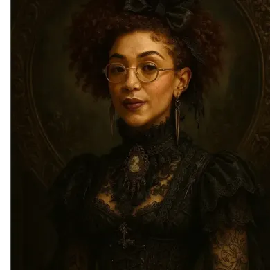 Woman in a black Victorian dress and glasses, framed, dark setting.