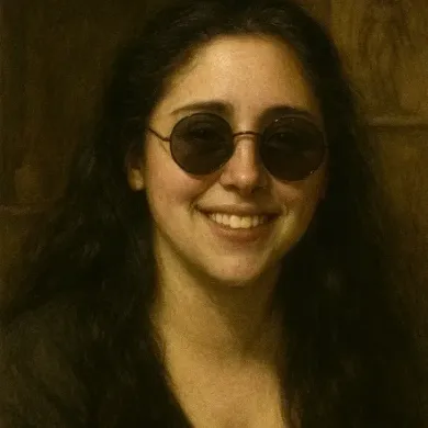 Woman with dark hair, wearing round sunglasses, smiling.