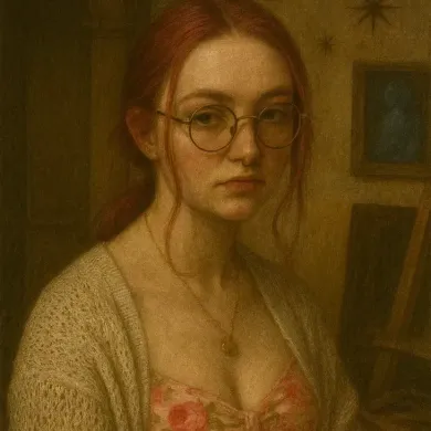 Woman with red hair and glasses in a light sweater, looking at the viewer. Studio setting, soft lighting.