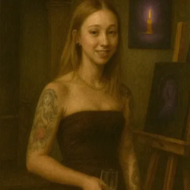 Woman in a dark dress with arm tattoos smiles, holding a glass. Painting and easel in the background.