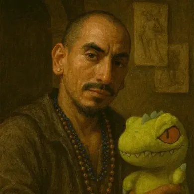 Man with shaved head, holding a green plush dinosaur. He wears beads and a brown robe, with two sketches in the background.