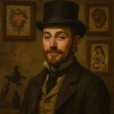 Man in top hat, dressed formally, with tattoos in frames, tattoo machine on the side, ear gauges, and a smug expression.