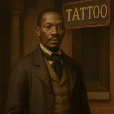 Man in vintage suit stands outside a tattoo shop with a