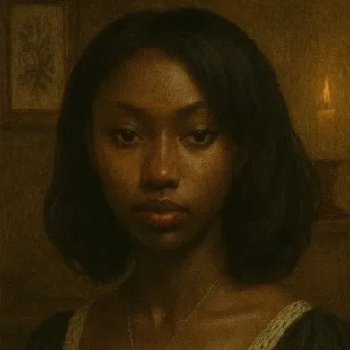 Portrait of a person with dark skin, in a dimly lit room, with a serious expression and short dark hair.