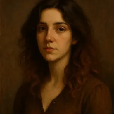A woman with long, dark curly hair, looking directly at the viewer with a serious expression. Brown top, soft lighting.