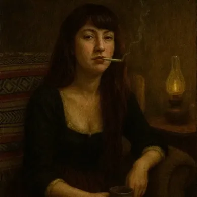 Woman with a cigarette, seated. Dark clothing, long hair, in a dimly lit room with a lamp.
