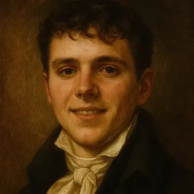 Portrait of a man with dark curly hair and a subtle smile, wearing a white shirt and black coat.