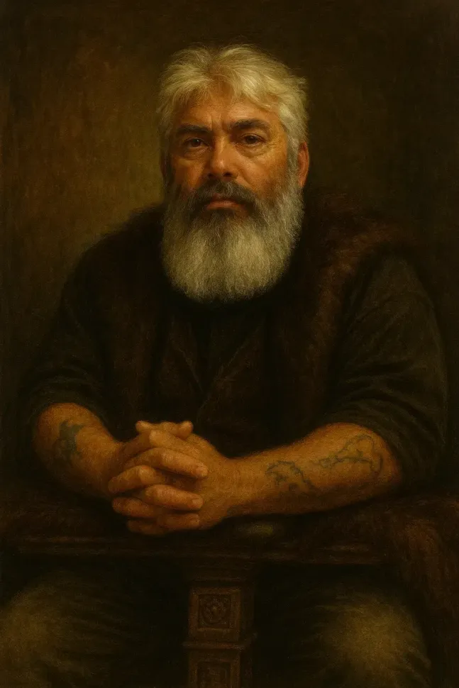 Man with white beard, arms crossed on table, tattoos visible. Brown tones, serious expression.