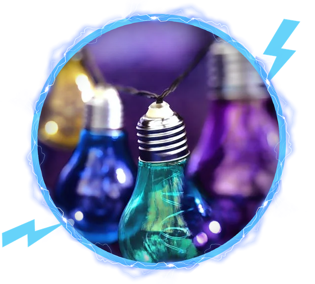 purple teal blue and yellow hanging light bulbs