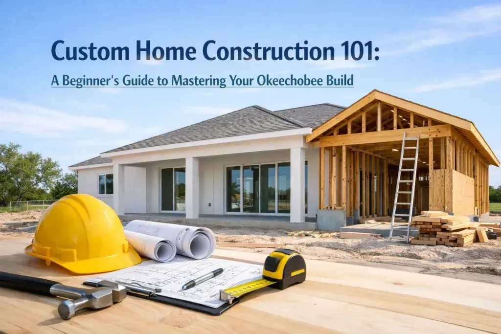 Custom home construction guide with blueprints, hard hat, and tools in the foreground of a house under construction.