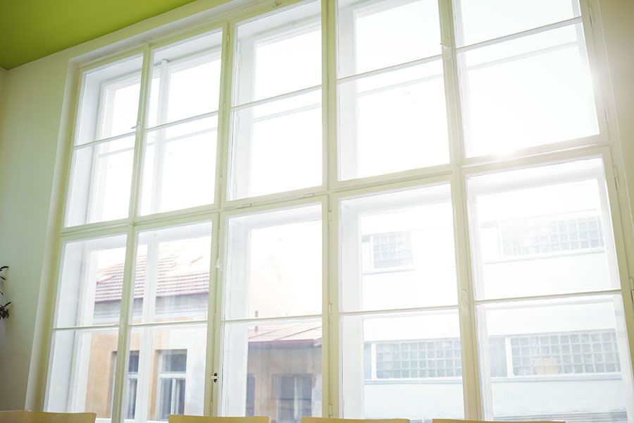 Large window with white grid frames overlooking buildings in an urban setting.