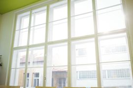 Large window with white grid frames overlooking buildings in an urban setting.