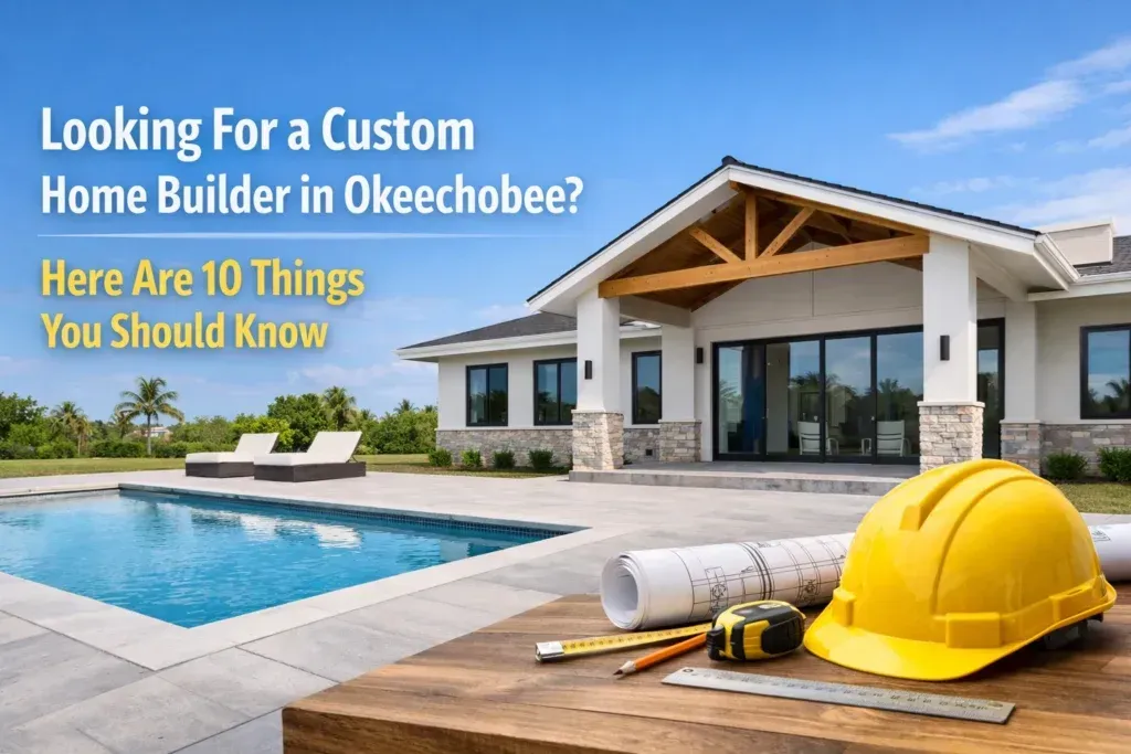 A sunny patio with a pool and a house, featuring a yellow hard hat, measuring tape, and blueprints on a wooden table.