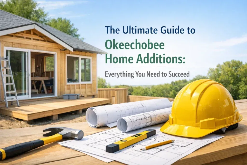 A construction site with blueprints, tools, and a yellow hard hat on a table in front of a house undergoing an addition.
