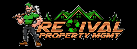 The logo for revival property mgmt shows a man holding a hammer.