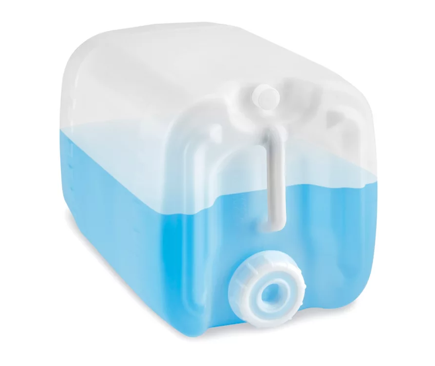 A white plastic container filled with blue liquid.