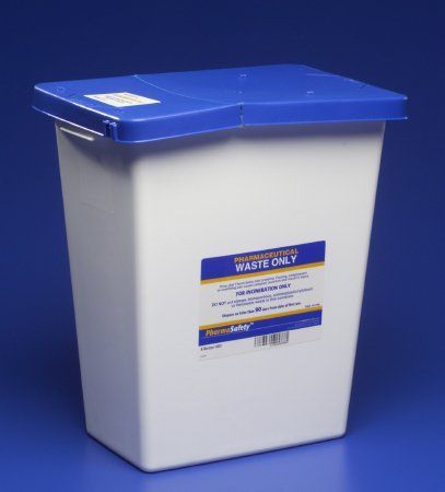 A white container with a blue lid that says waste only