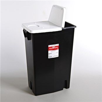 A black trash can with a white lid is sitting on a white surface.