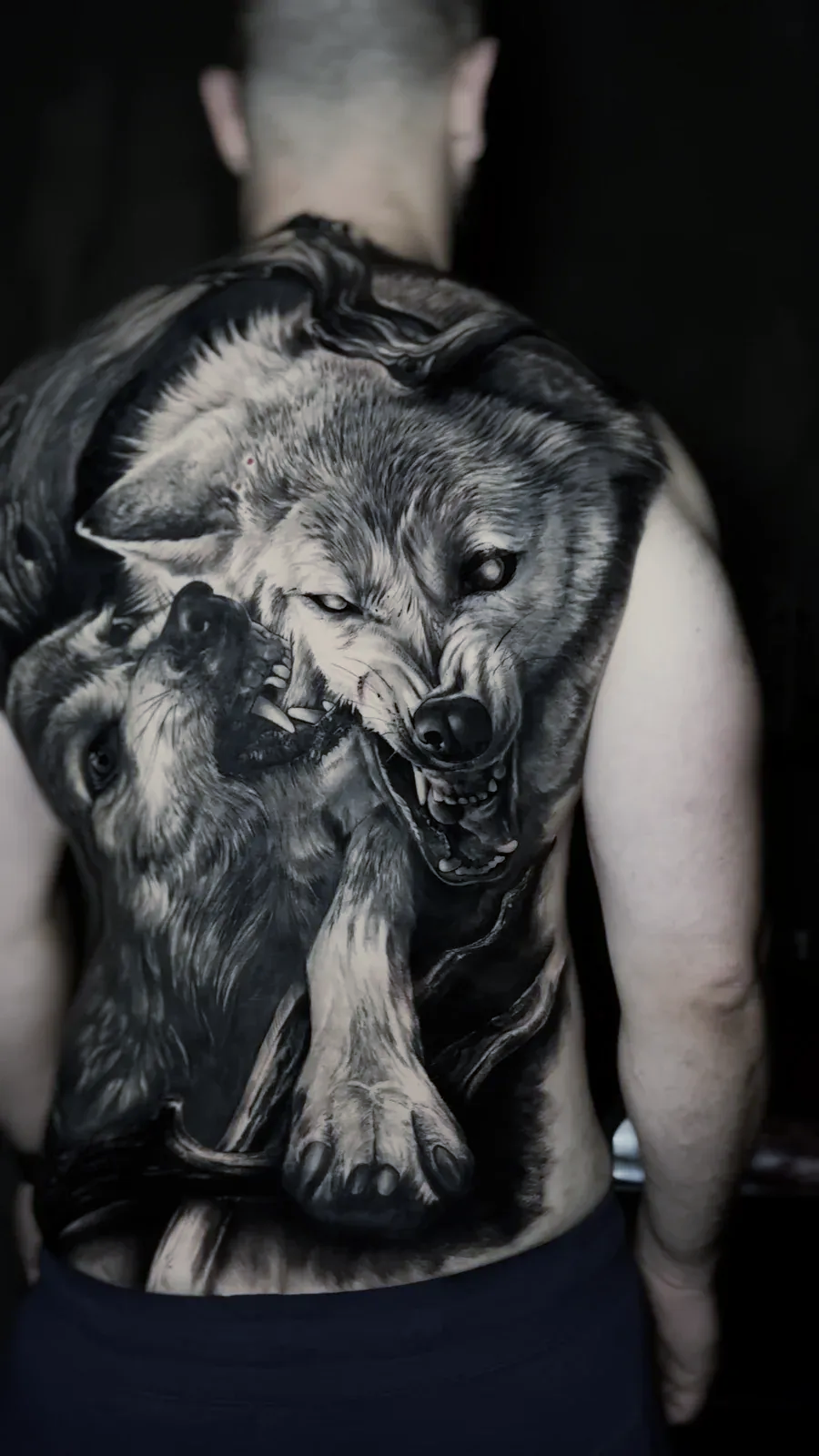 Person with a large wolf tattoo covering most of their back, viewed from behind in dim lighting