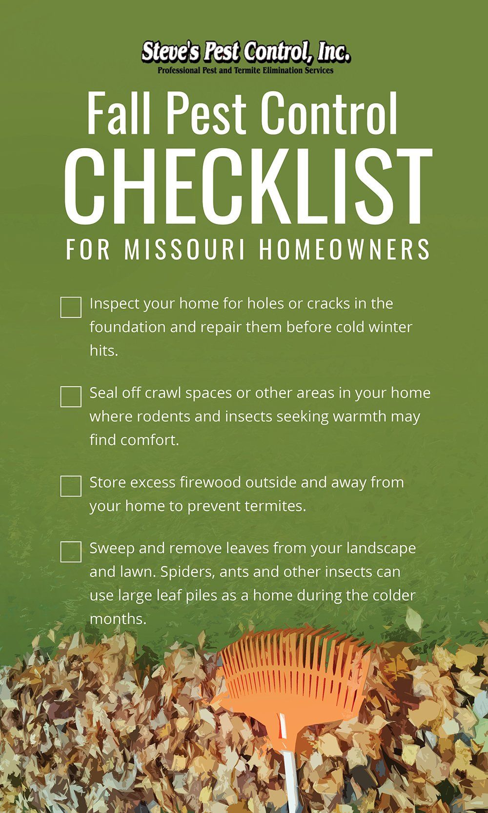Steve Pest Control's Fall Pest Control checklist in mid-Missouri.
