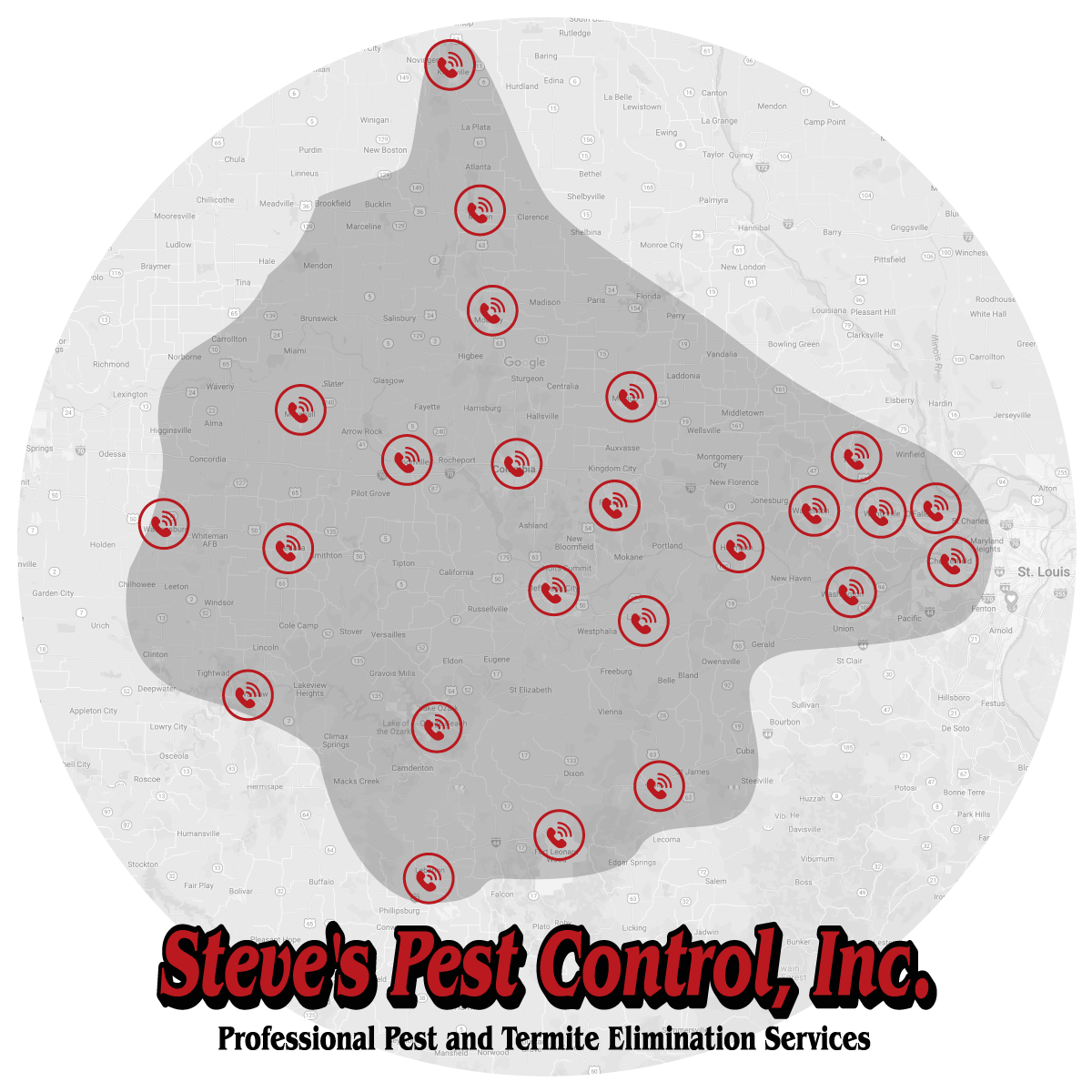 Call Steve's Pest Control to One of 18 Cities in the Mid-Missouri Area