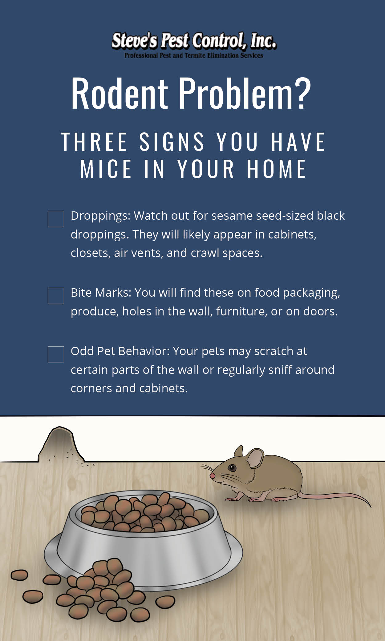 You might have mice in your home if you see droppings, bite marks, or odd behavior from your pets.