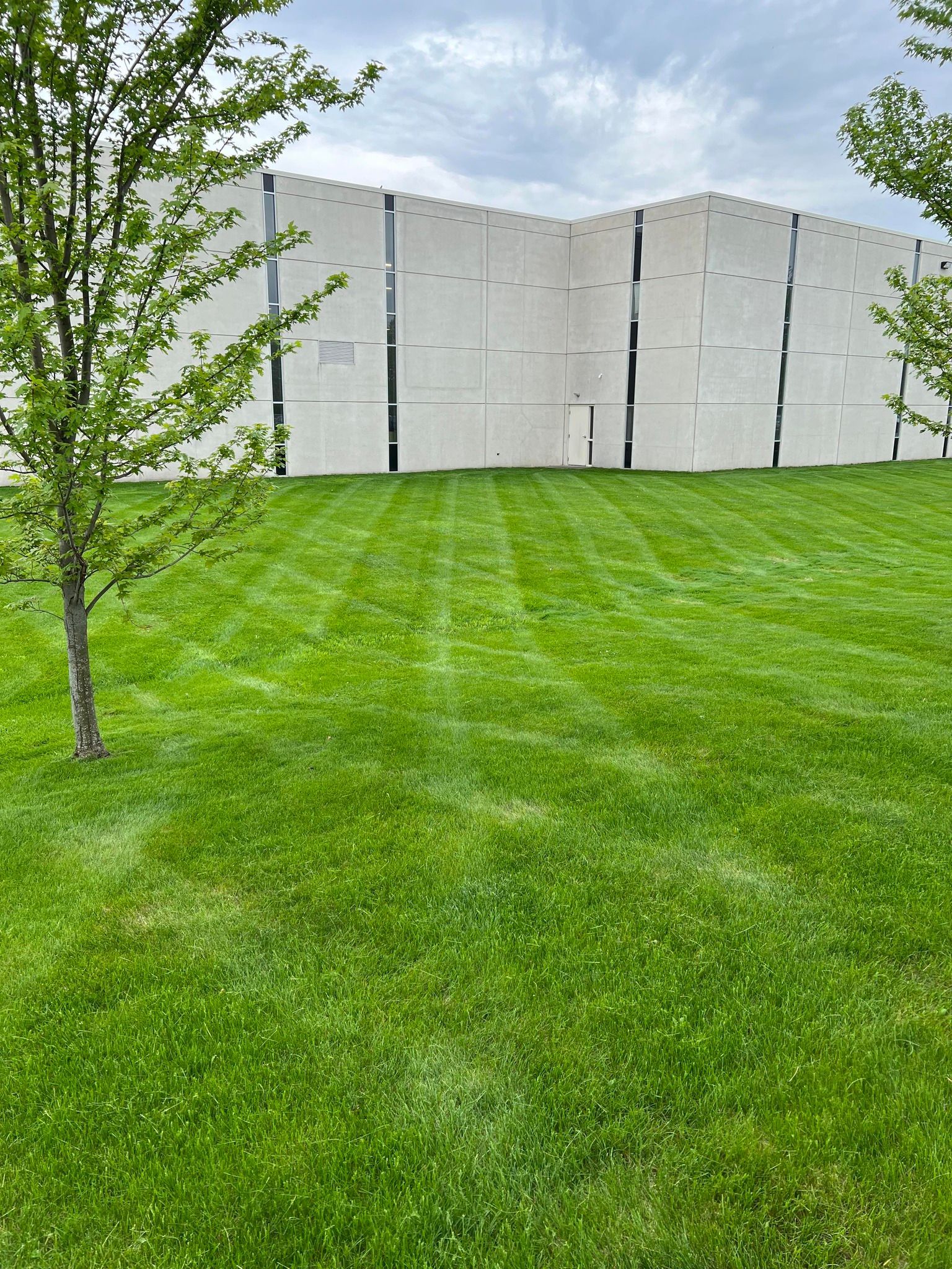 A large white building is behind a lush green field.