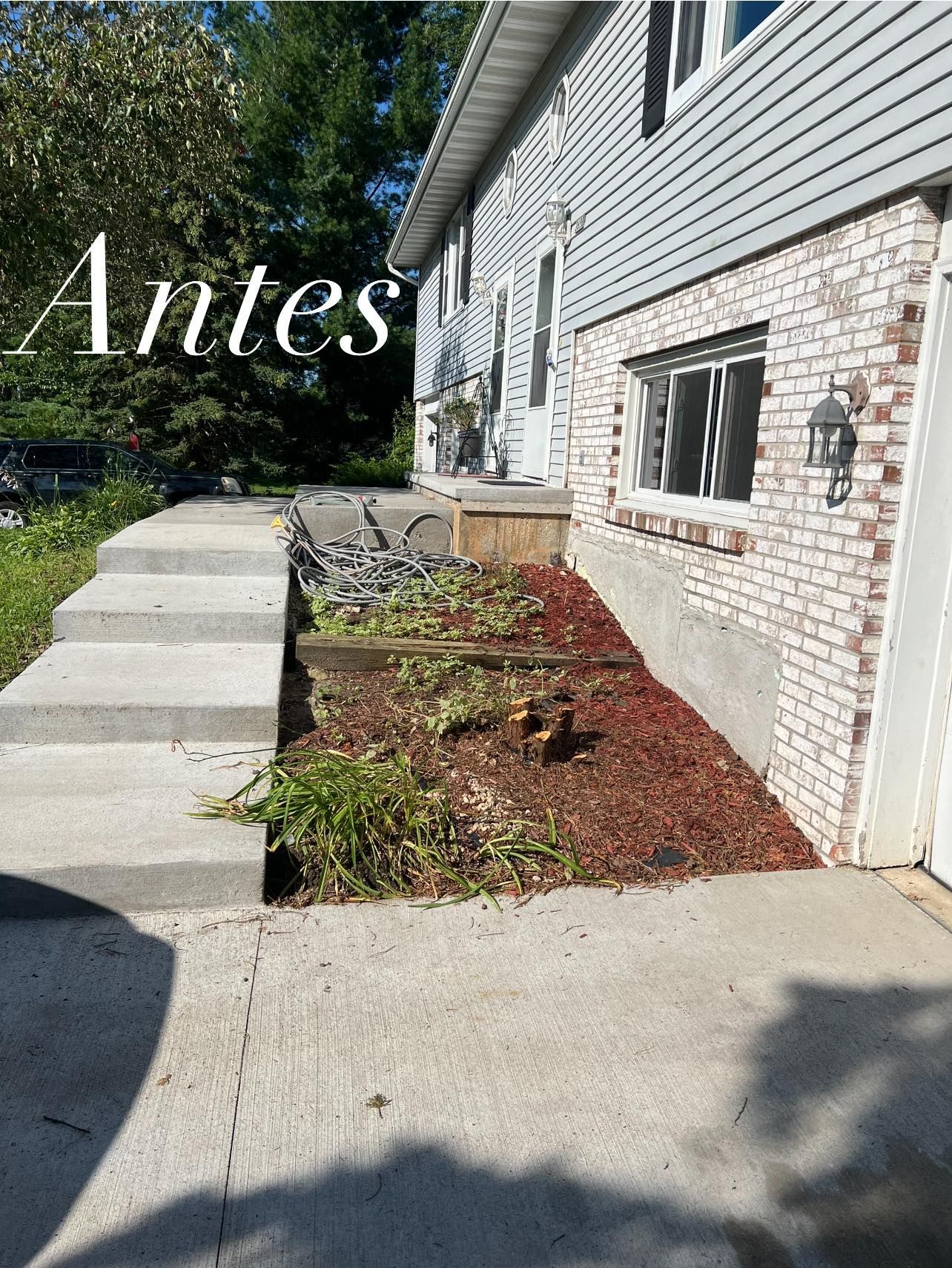 A before and after photo of a house with stairs and a brick wall.