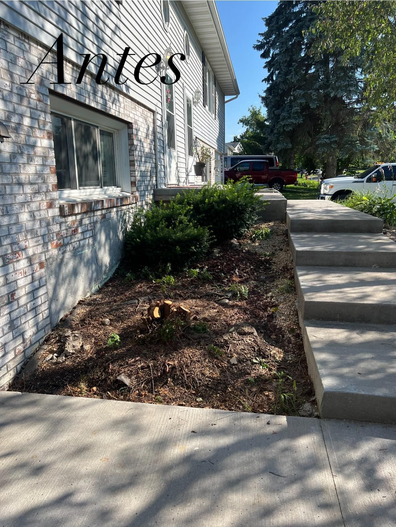 A before and after photo of a brick building with a sidewalk and steps.