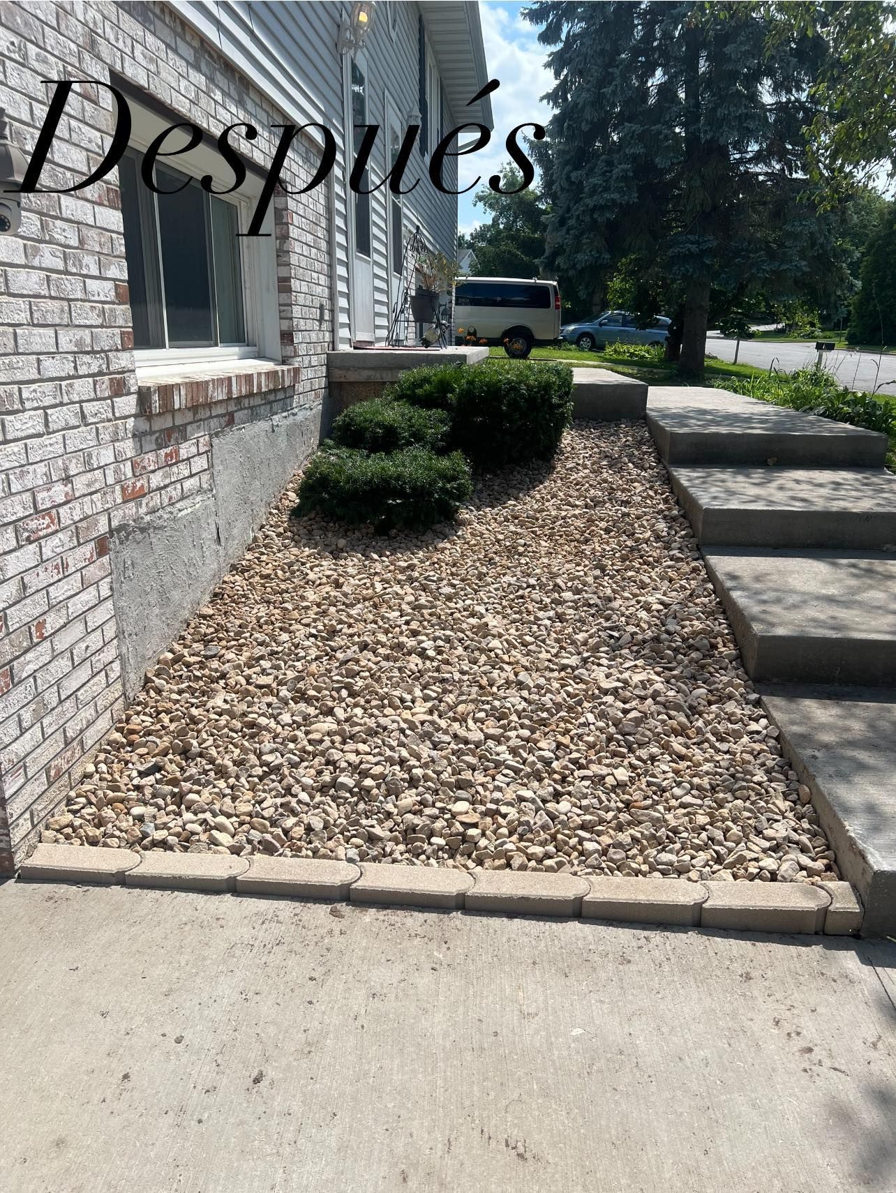 A before and after photo of a brick house with gravel and steps.