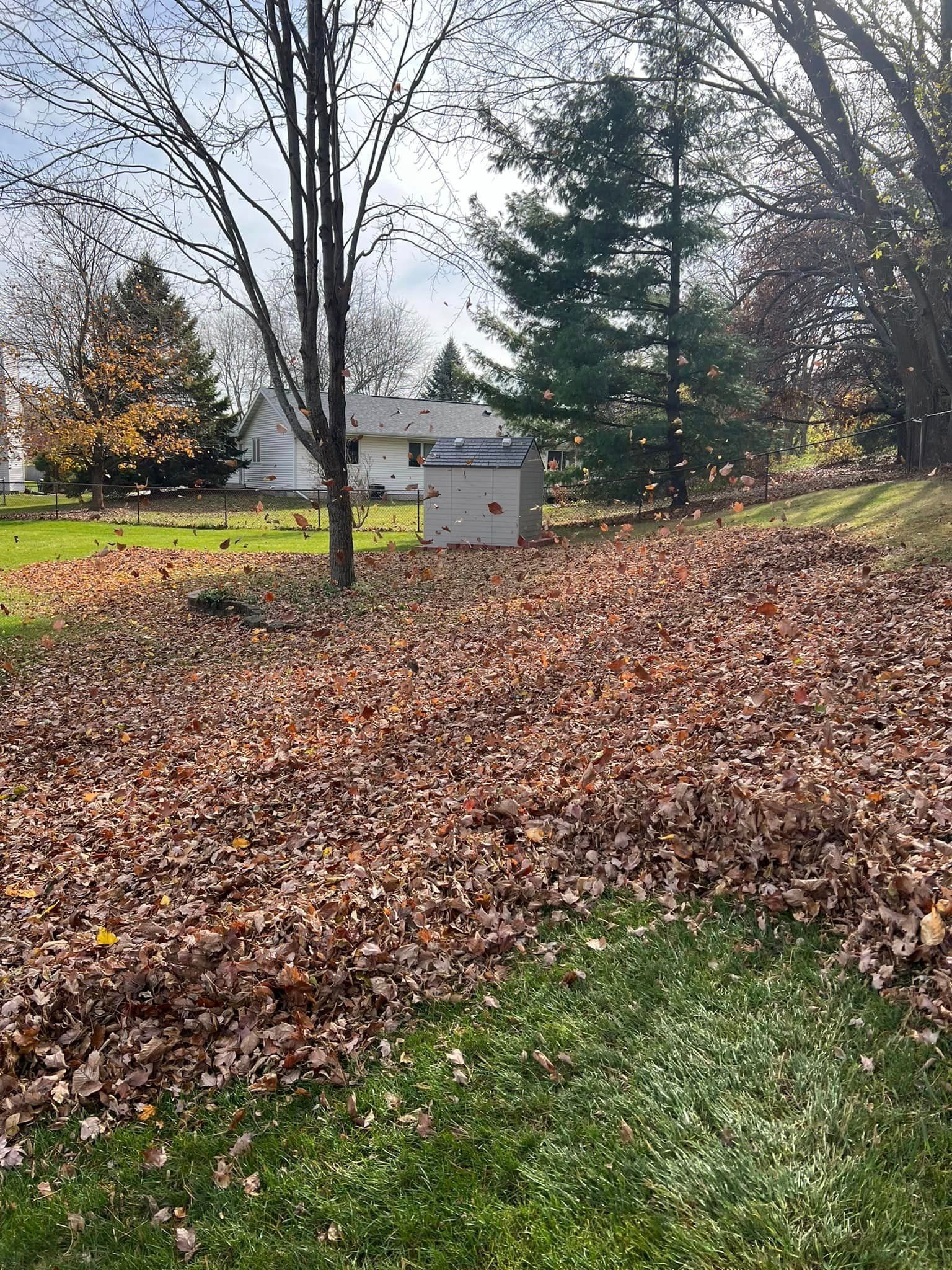 A pile of leaves in a yard with a house in the background.