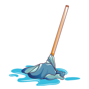 a mop with a wooden handle is sitting in a puddle of water .