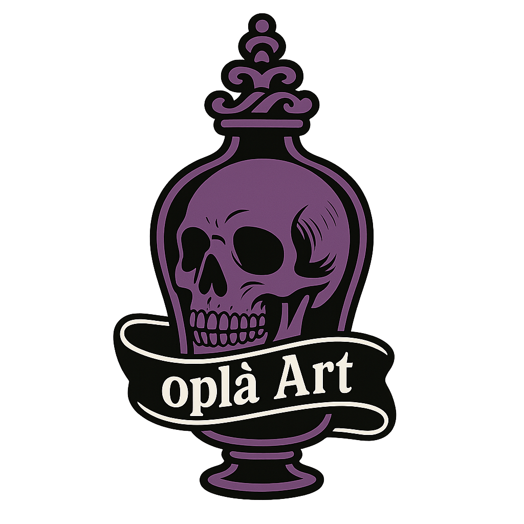 Un teschio viola in un vaso viola con un nastro nero intorno.