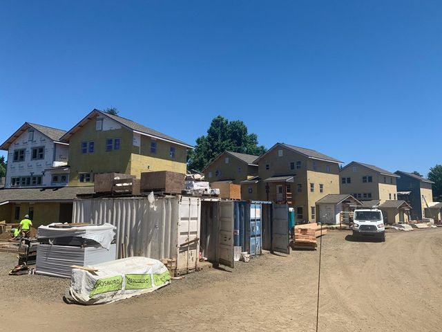 A row of houses are being built on a dirt road.