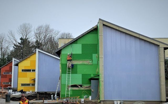 A man is standing in front of a building that is being painted.