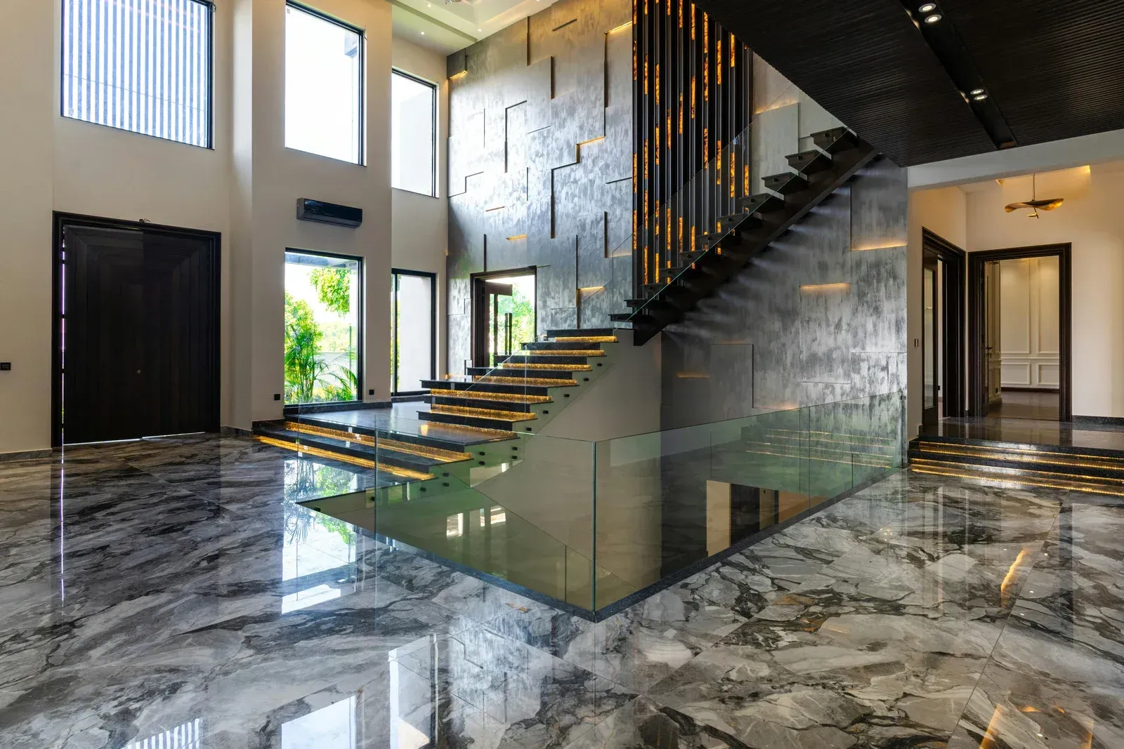 There is a staircase in the middle of the room.