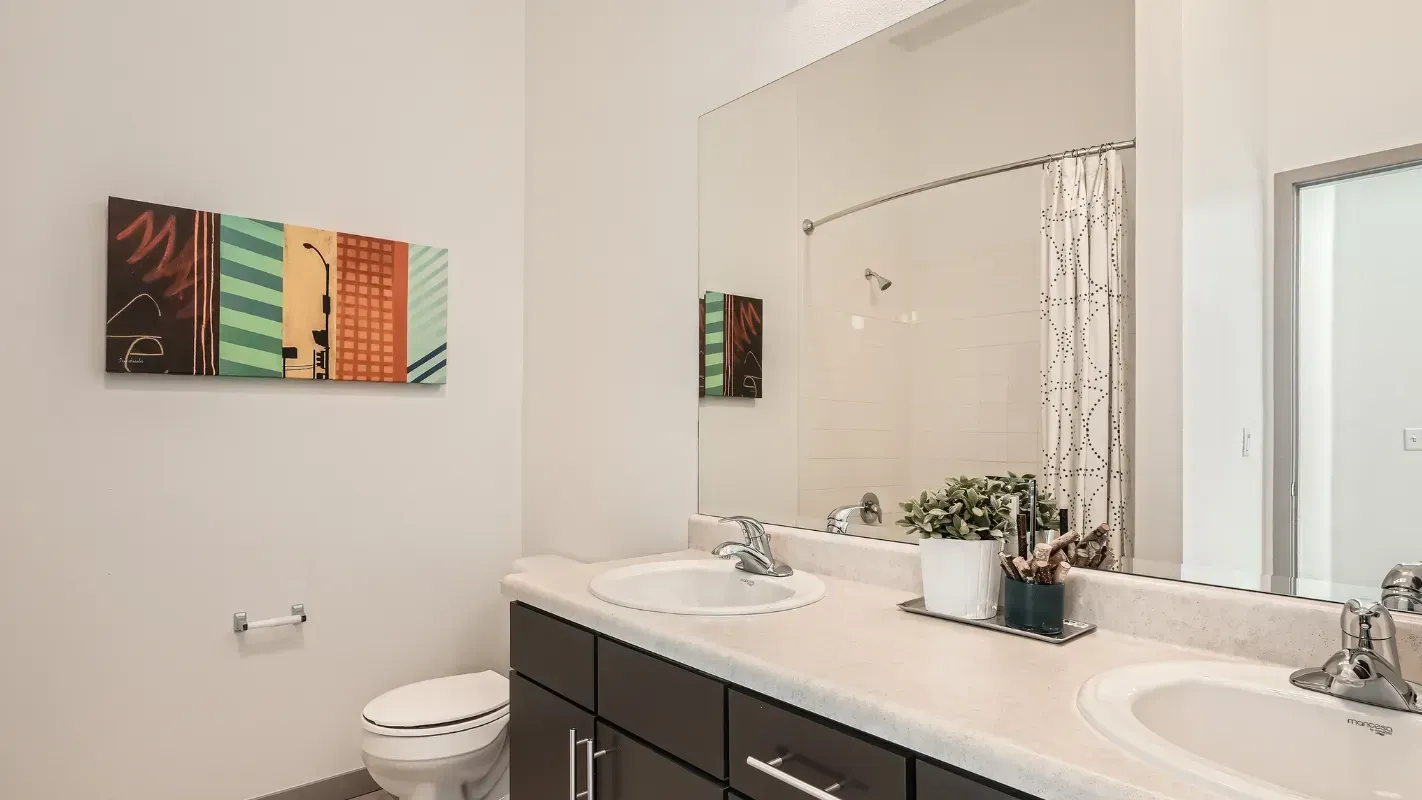 Double-sink bathroom vanity with a large mirror, shower area, and plant decor.