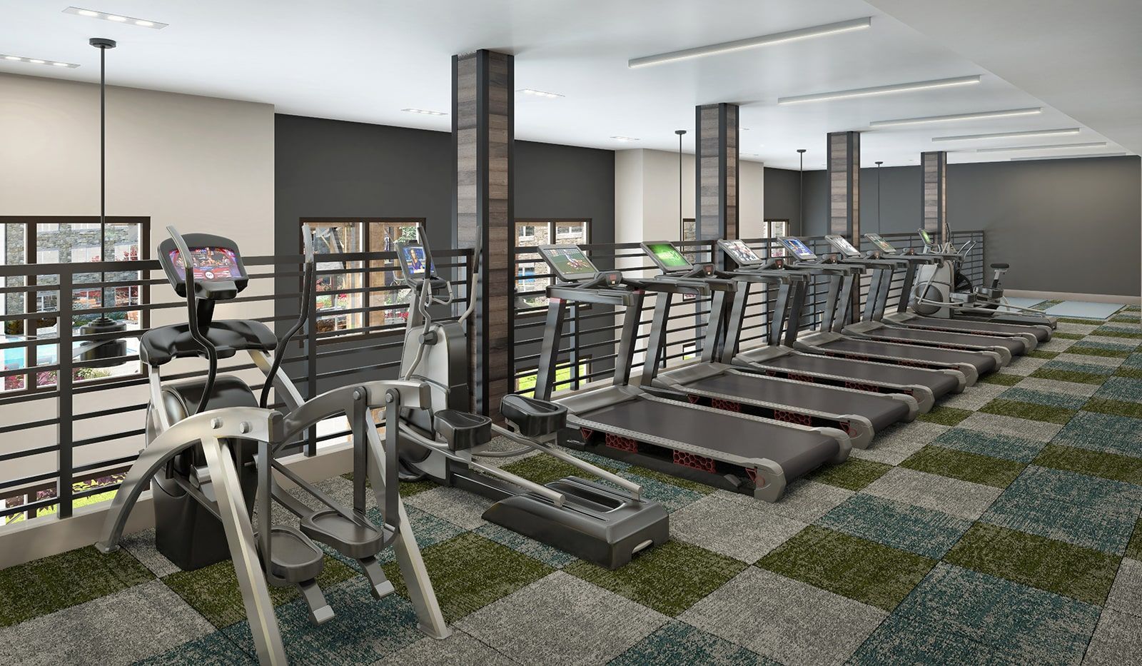 Interior fitness center with multiple treadmills and cardio machines.