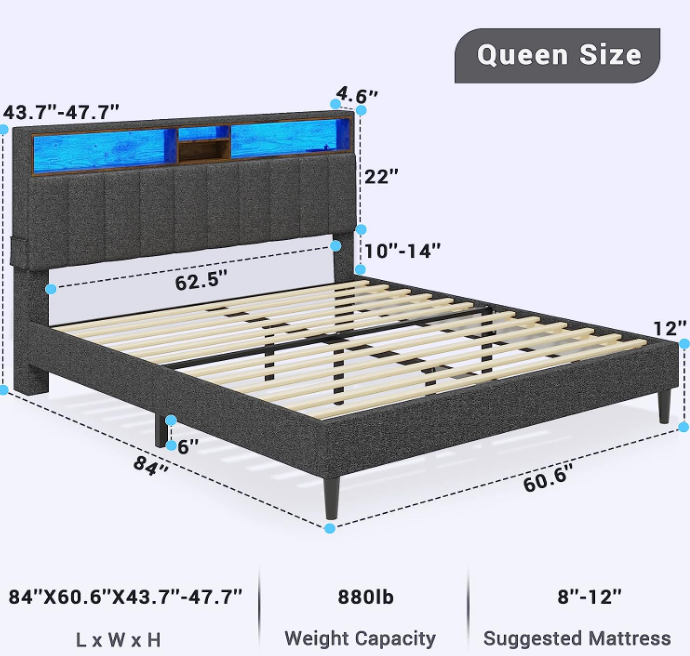 ADORNEVE Queen Bed Frame with LED Lights dimensions