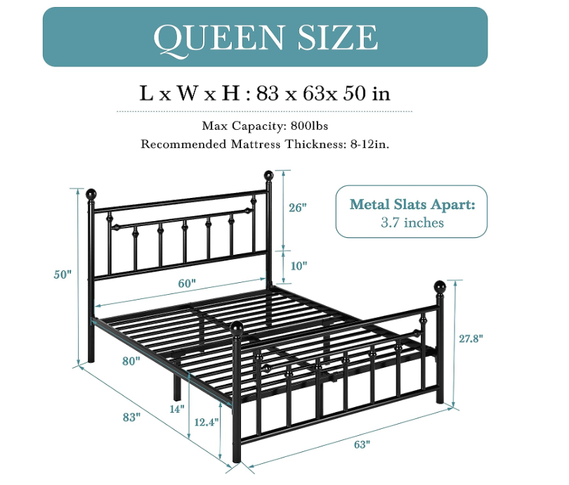 HOOMIC 14 Inch Queen Size Metal Platform Bed Frame dimensions