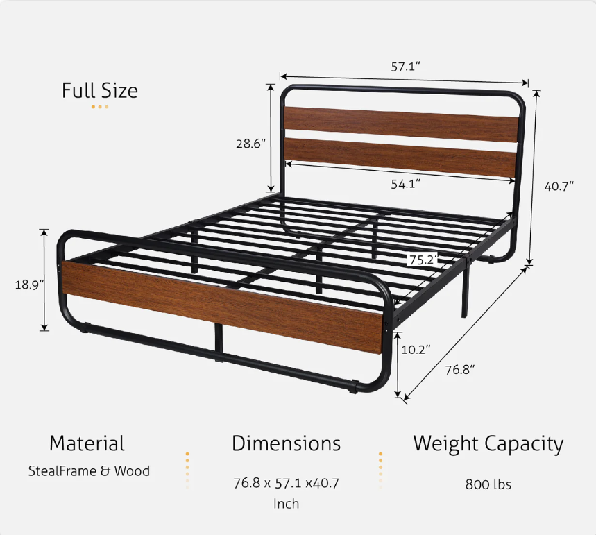 SHA CERLIN Full Size Bed Frame with Modern Wooden Headboard dimensions