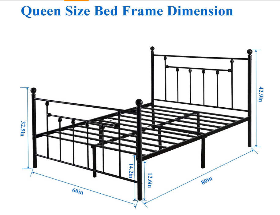 VECELO Queen Size Metal Bed Frame dimensions