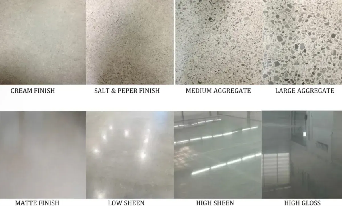 Eight concrete floor finishes: cream, salt & pepper, medium & large aggregate, matte, low sheen, high sheen, and high gloss.