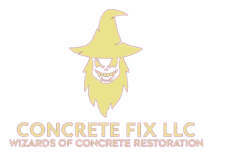 Logo for Concrete Fix LLC: yellow wizard with menacing grin. Text: "Concrete Fix LLC, Wizards of Concrete Restoration."