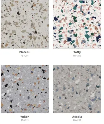 Four terrazzo tile samples: Plateau (neutral), Taffy (colorful), Yukon (grey), and Acadia (light grey).