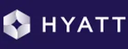 Hyatt logo: white text and geometric design on dark blue background.