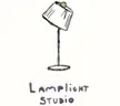 Drawing of a lamp, with a tilted lampshade. The words 