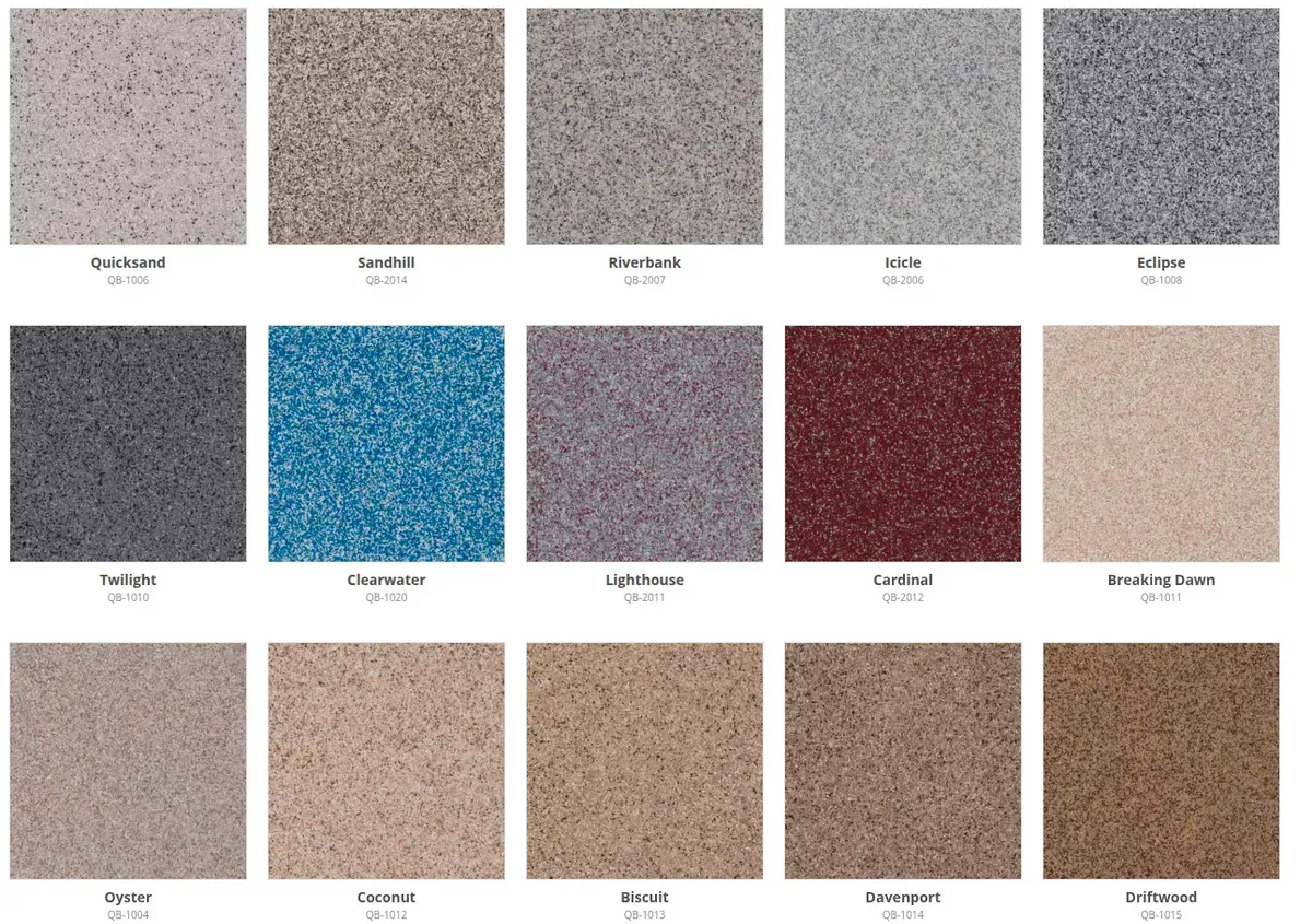 Color swatches of different speckled textures. Shades include beige, gray, blue, and red.