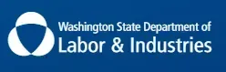 Logo of Washington State Department of Labor & Industries. White graphic with text on a blue background.