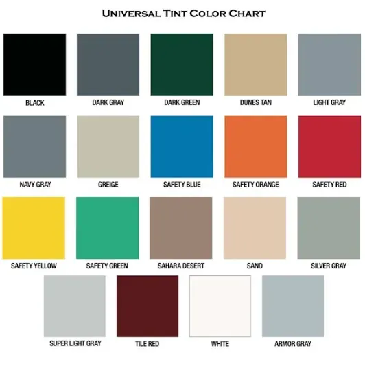 Universal tint color chart with 18 color swatches, including black, dark gray, dark green, dunes tan, light gray, etc.